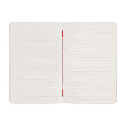 Open notebook with lined pages and a red stitching on a white background