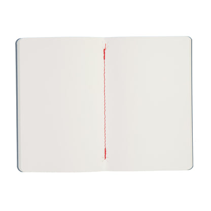 White notebook with red stitching on a white background