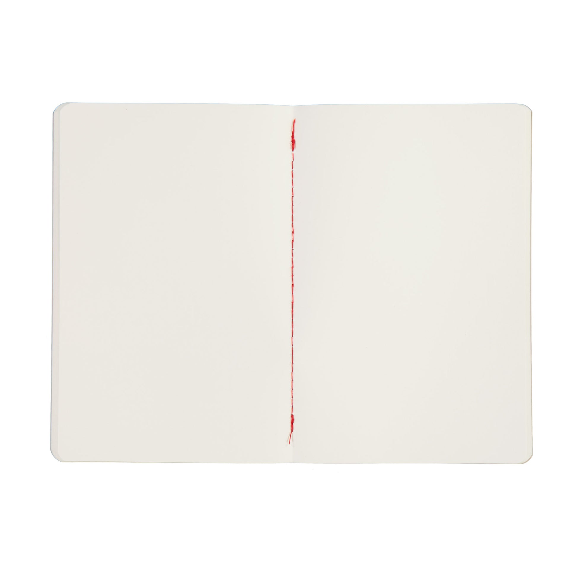 White notebook with red stitching on a white background