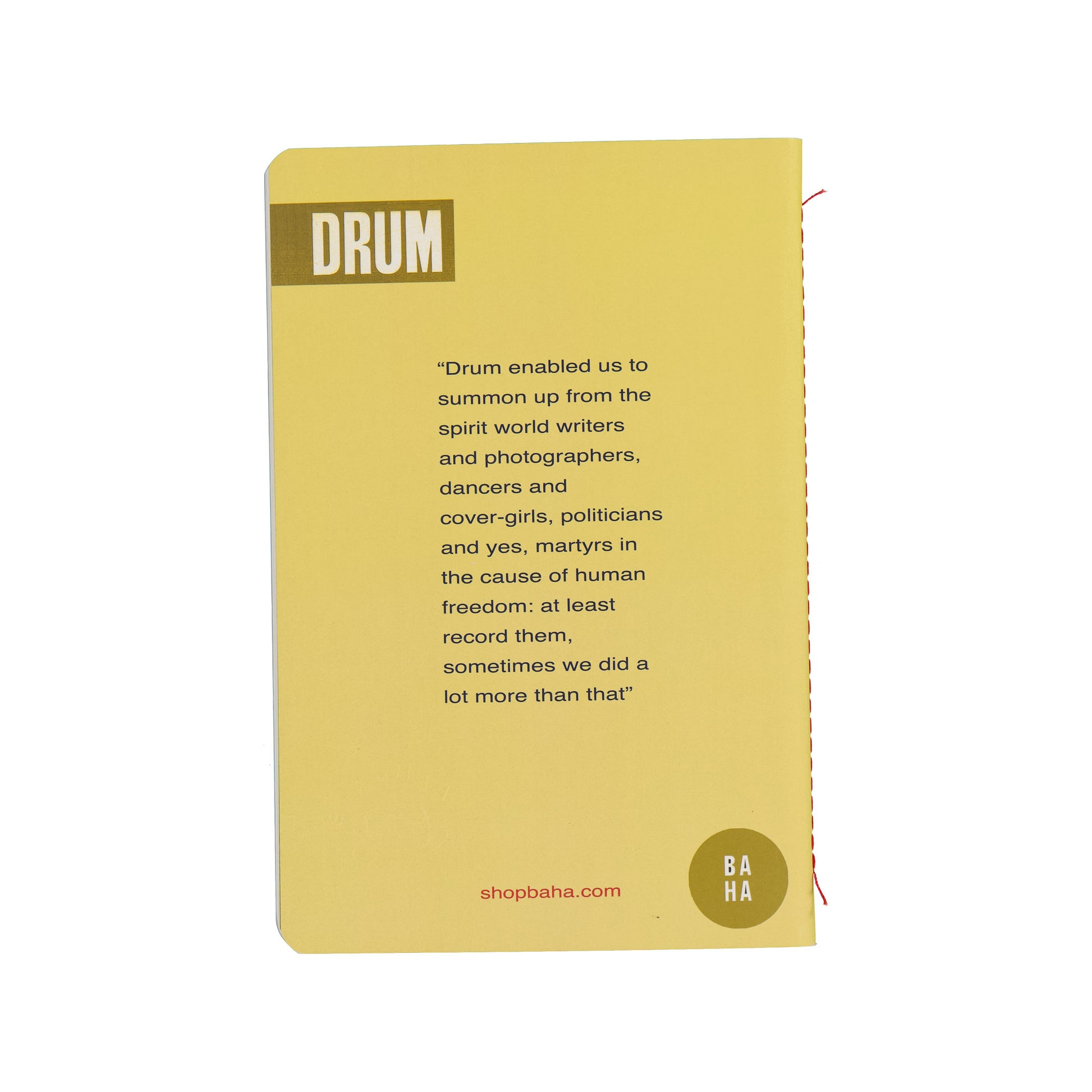 Yellow card with text and 'DRUM' branding on a white background