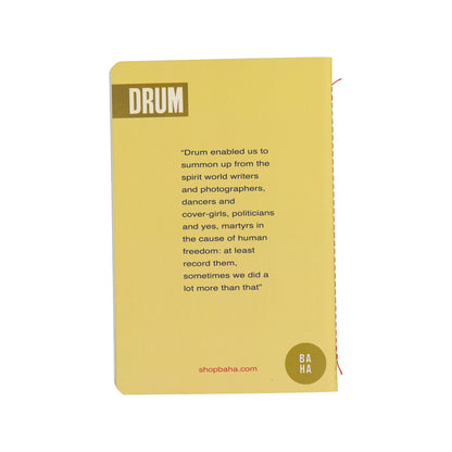 Yellow card with text and 'DRUM' branding on a white background