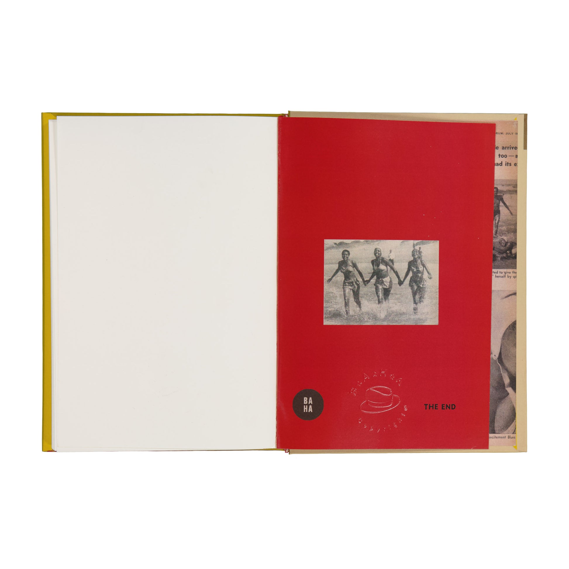 Open book with a red cover featuring a black and white photo and text.