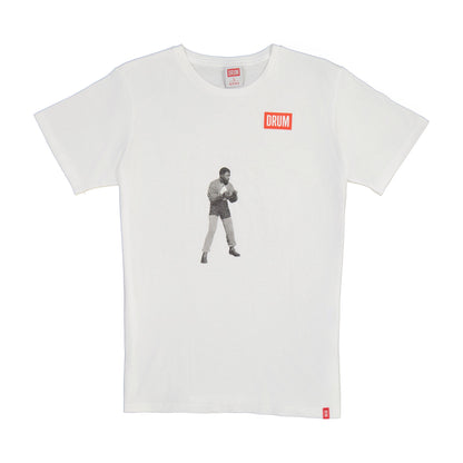 White t-shirt with a graphic of Nelson Mandela and 'DRUM' logo on a white background
