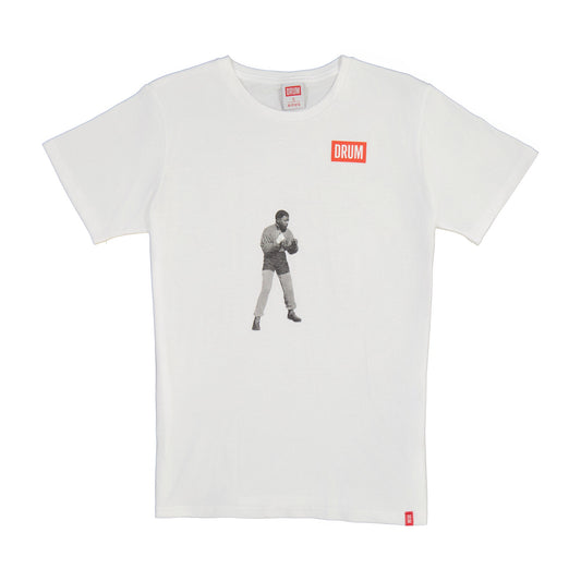 White t-shirt with a graphic of Nelson Mandela and 'DRUM' logo on a white background