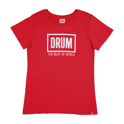 Red t-shirt with 'DRUM THE BEAT OF AFRICA' text on a white background