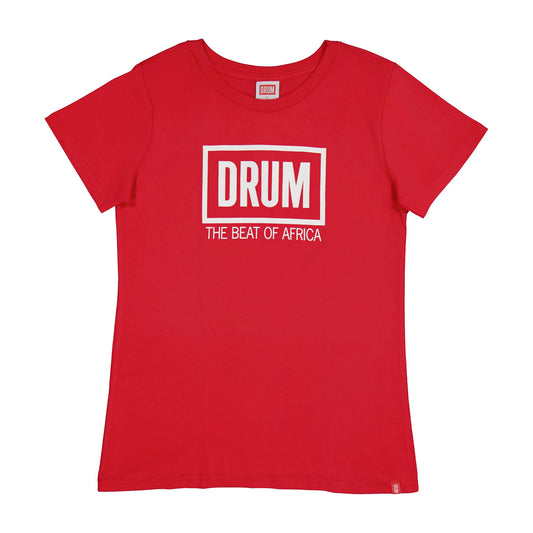 Red t-shirt with 'DRUM THE BEAT OF AFRICA' text on a white background