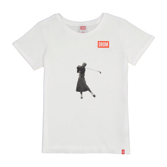 White t-shirt with a graphic of a person playing golf and 'DRUM' branding on a white background