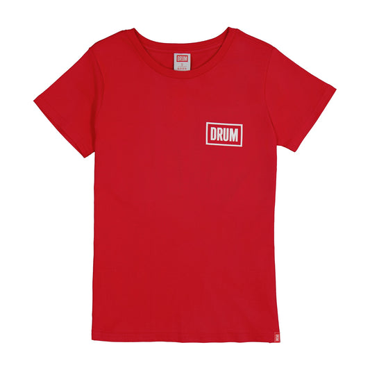Red t-shirt with 'DRUM' logo on a white background