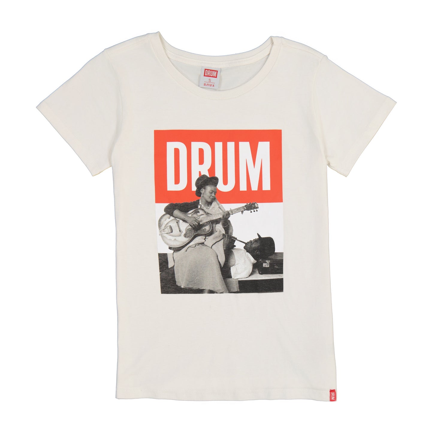 White t-shirt with graphic design of a person playing guitar and 'DRUM' text on a red background