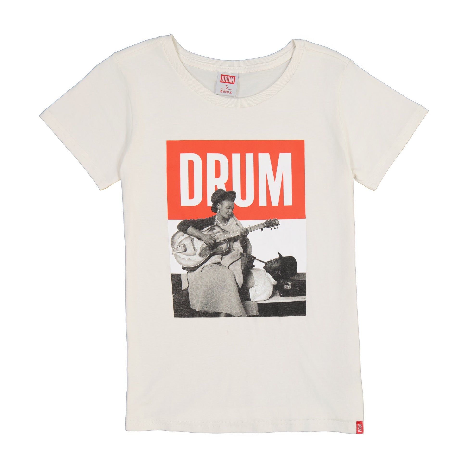 White t-shirt with graphic design of a person playing guitar and 'DRUM' text on a red background