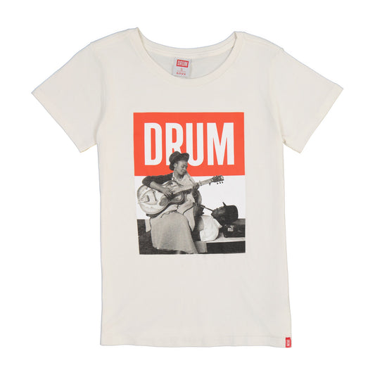 White t-shirt with graphic design of a person playing guitar and 'DRUM' text on a red background