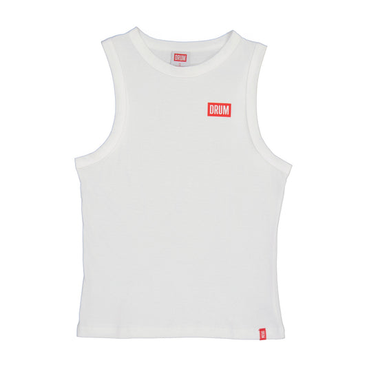 White sleeveless shirt with red logo on a white background