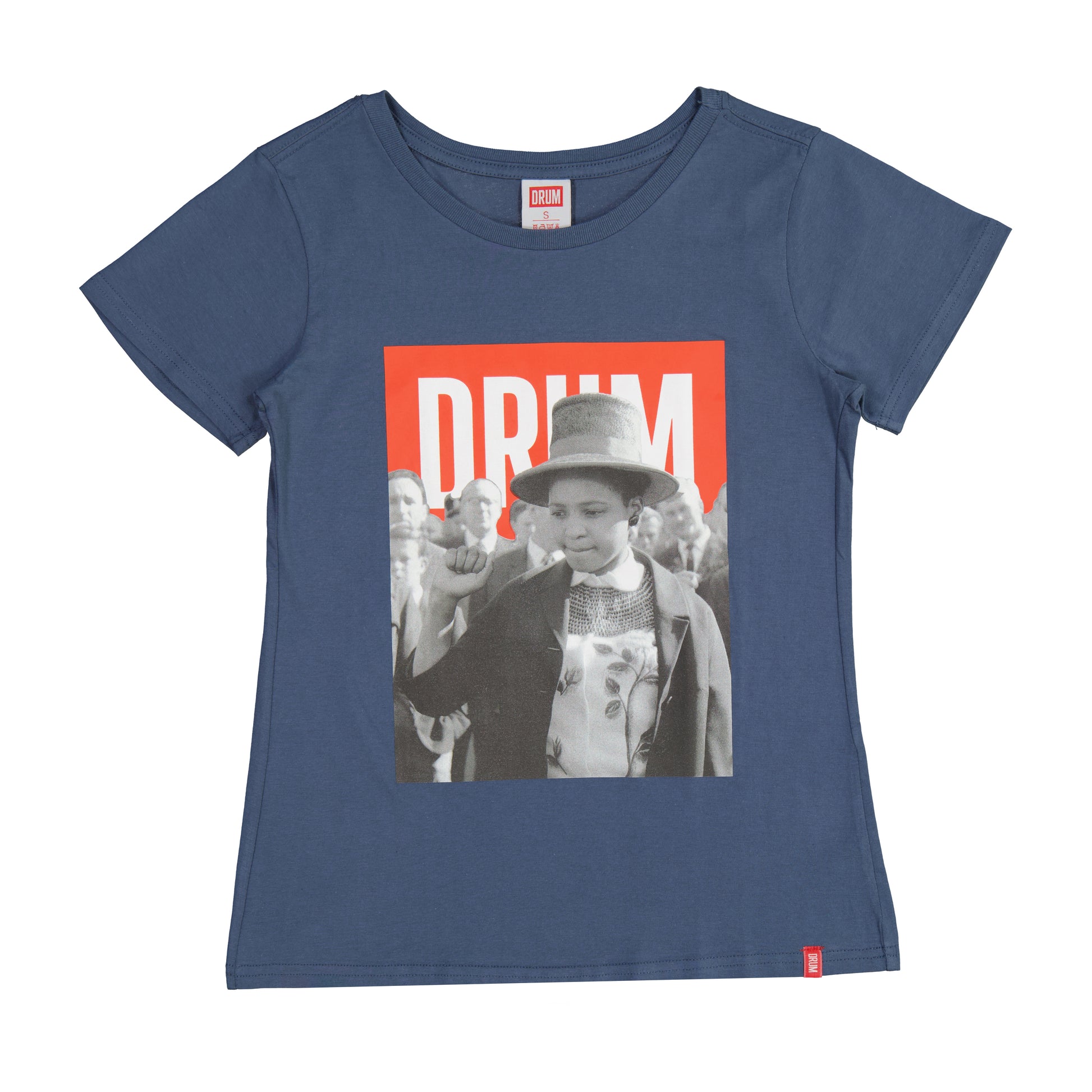 Blue t-shirt with a graphic of winnie mandela and 'DRUM' text on a white background