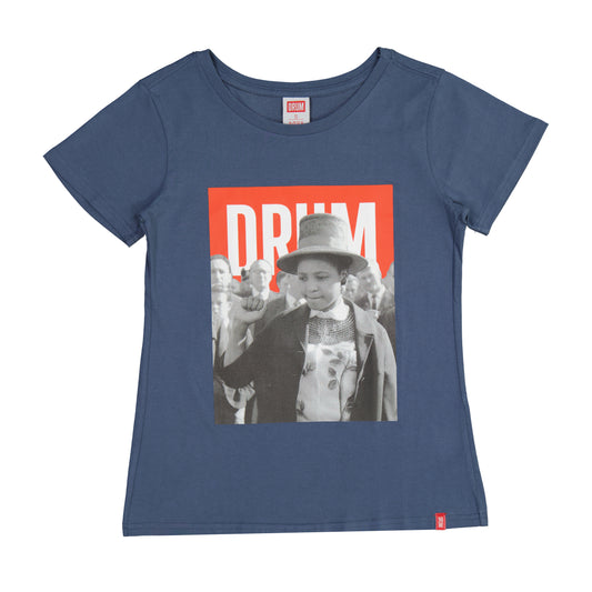 Blue t-shirt with a graphic of winnie mandela and 'DRUM' text on a white background
