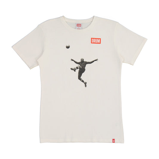 White t-shirt with graphic design and 'DRUM' logo on a white background