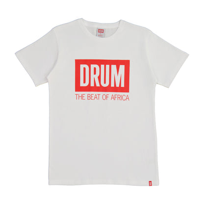 White t-shirt with red 'DRUM' logo and text on a white background