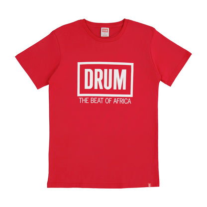 Red t-shirt with 'DRUM THE BEAT OF AFRICA' text on a white background