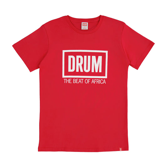 Red t-shirt with 'DRUM THE BEAT OF AFRICA' text on a white background