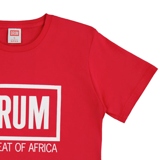Red t-shirt with 'DRUM' and 'BEAT OF AFRICA' text on a white background