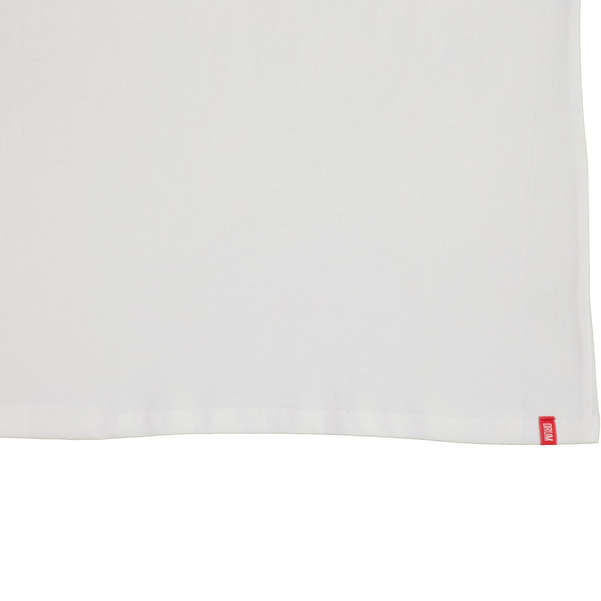 White t-shirt with a red drum logo tag on a white background