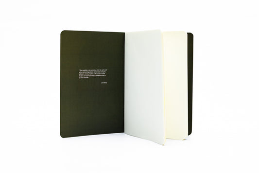 Open notebook with black and white pages on a white background
