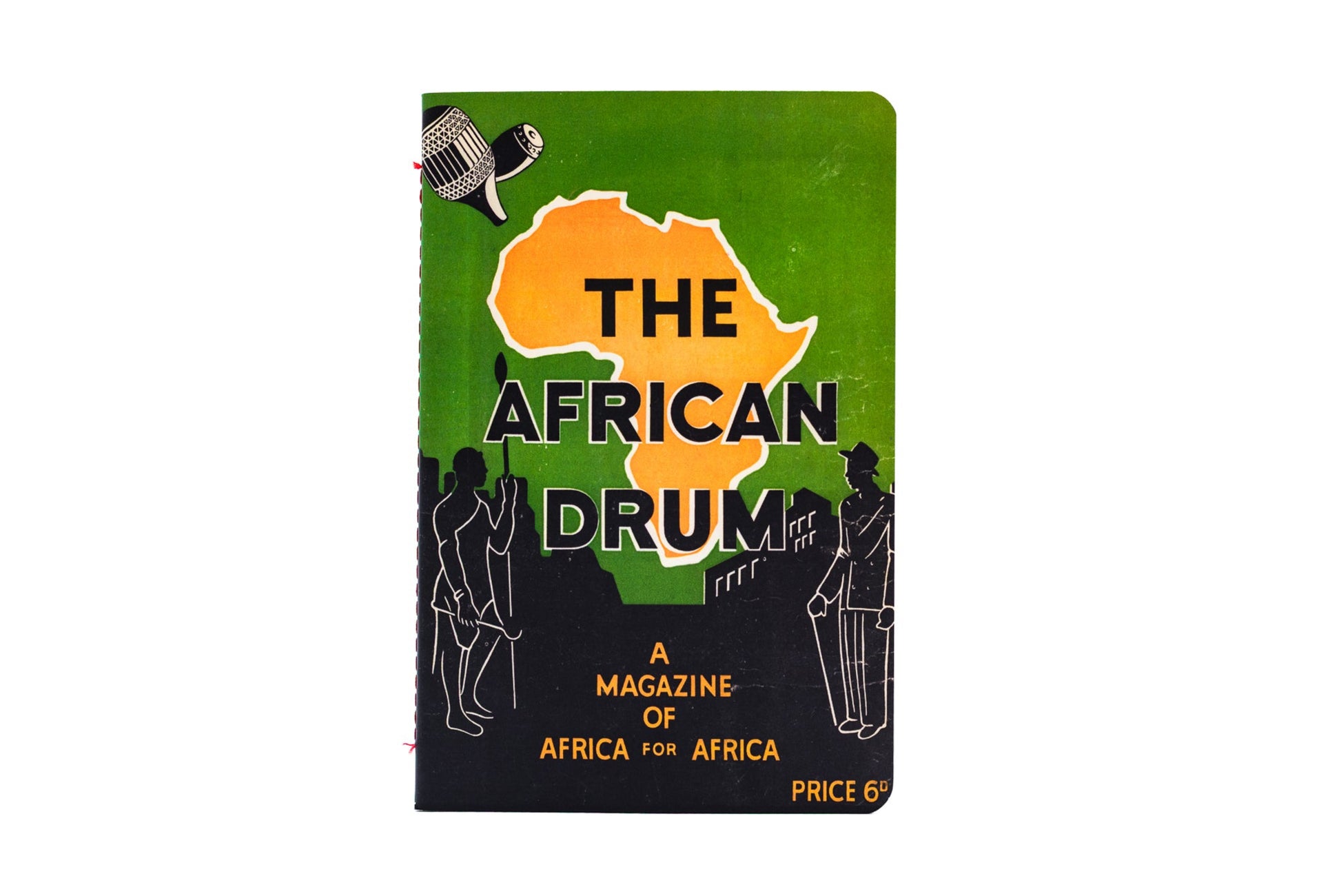 Vintage magazine cover titled 'The African Drum' with a map of Africa and silhouettes on a green background.