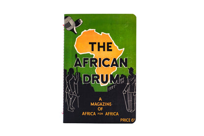 Vintage magazine cover titled 'The African Drum' with a map of Africa and silhouettes on a green background.