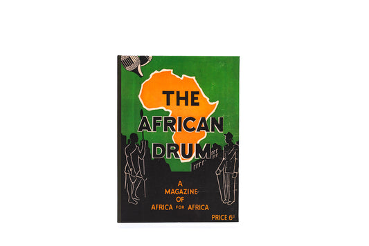 Notebook titled 'The African Drum' with a green cover and orange map of Africa on a white background