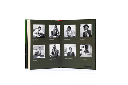 Open book with black and white photos of people on a white background