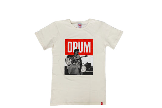 White t-shirt with graphic design of 'DRUM' 