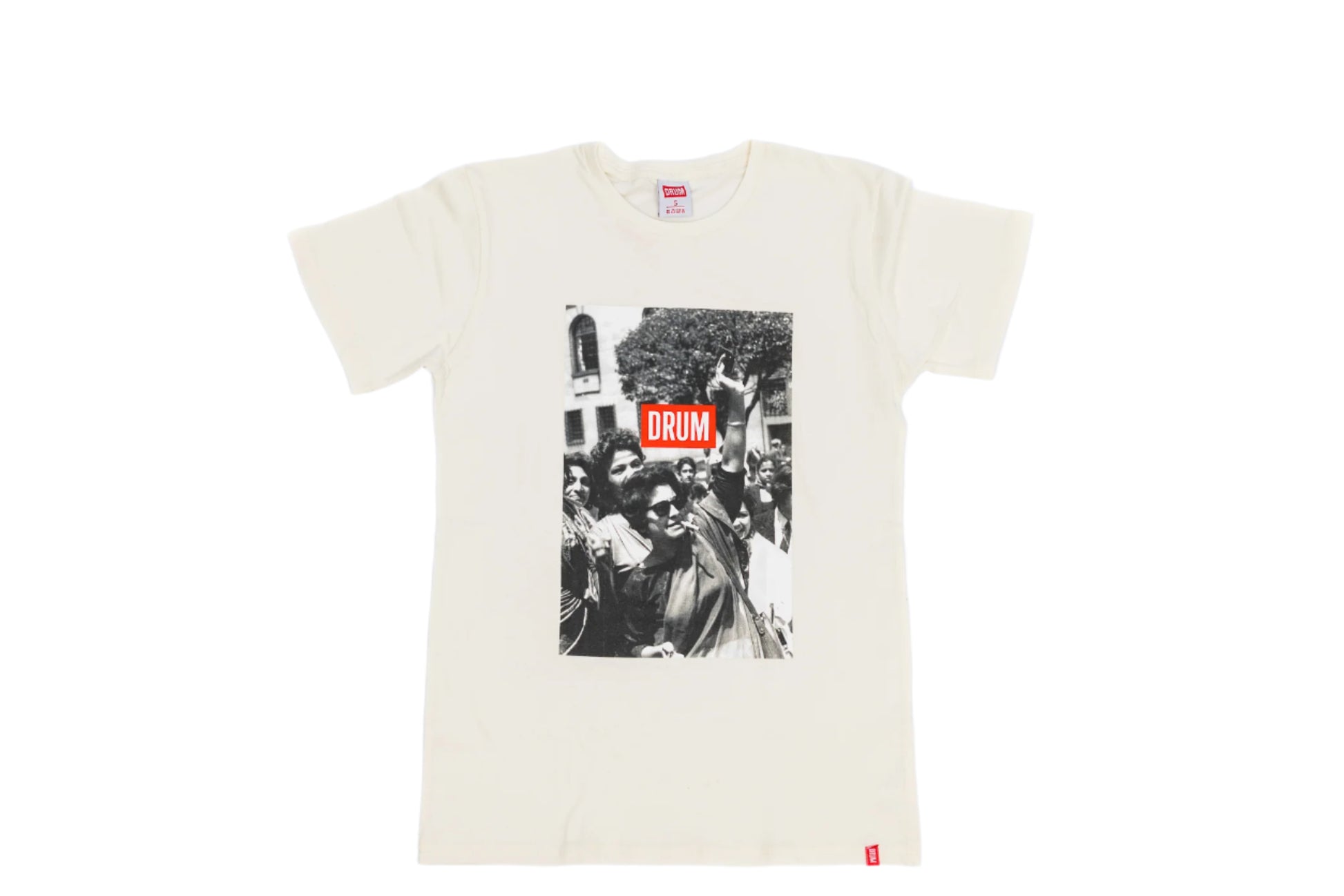 White t-shirt with graphic design and 'DRUM' logo on a white background
