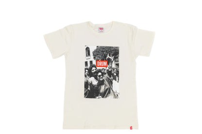 White t-shirt with graphic design and 'DRUM' logo on a white background