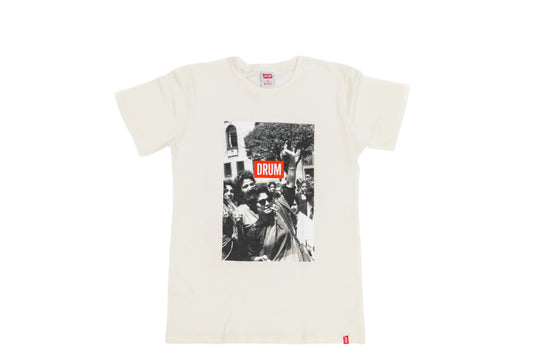 White t-shirt with graphic design and 'DRUM' logo on a white background