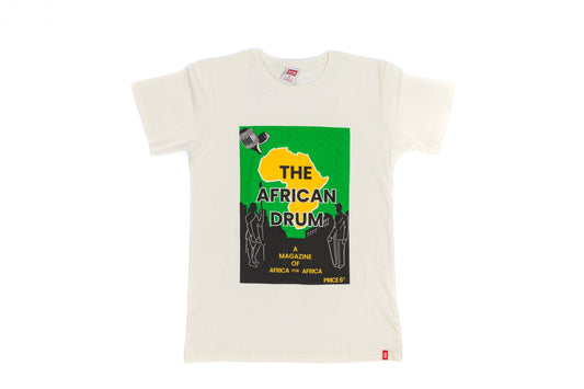 White t-shirt with 'The African Drum' graphic design on a white background