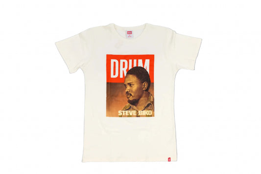 White t-shirt with a graphic of a Steve Biko and 'DRUM' text on a white background