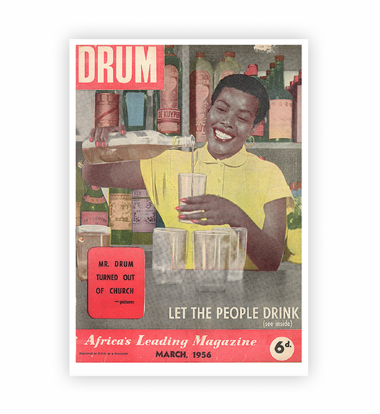Vintage magazine cover with a woman holding a drink, featuring the title 'DRUM'.