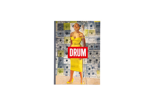Cover with Miriam Makeba in a yellow dress and 'DRUM' logo on a patterned background