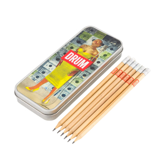DRUM pencil tin with pencils on a white background