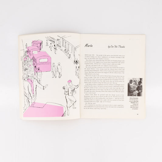 Open book with illustrations and text on a white background