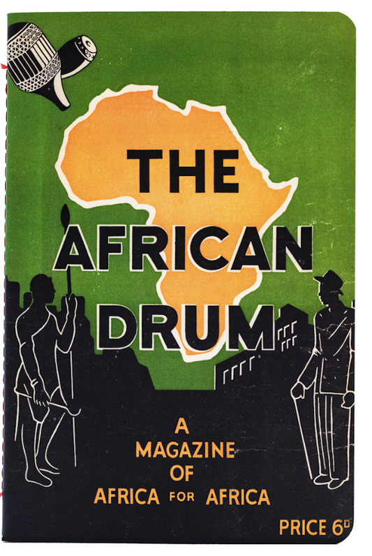 Softcover Notebook of 'The African Drum' magazine with a map of Africa and silhouettes on a green and black background.