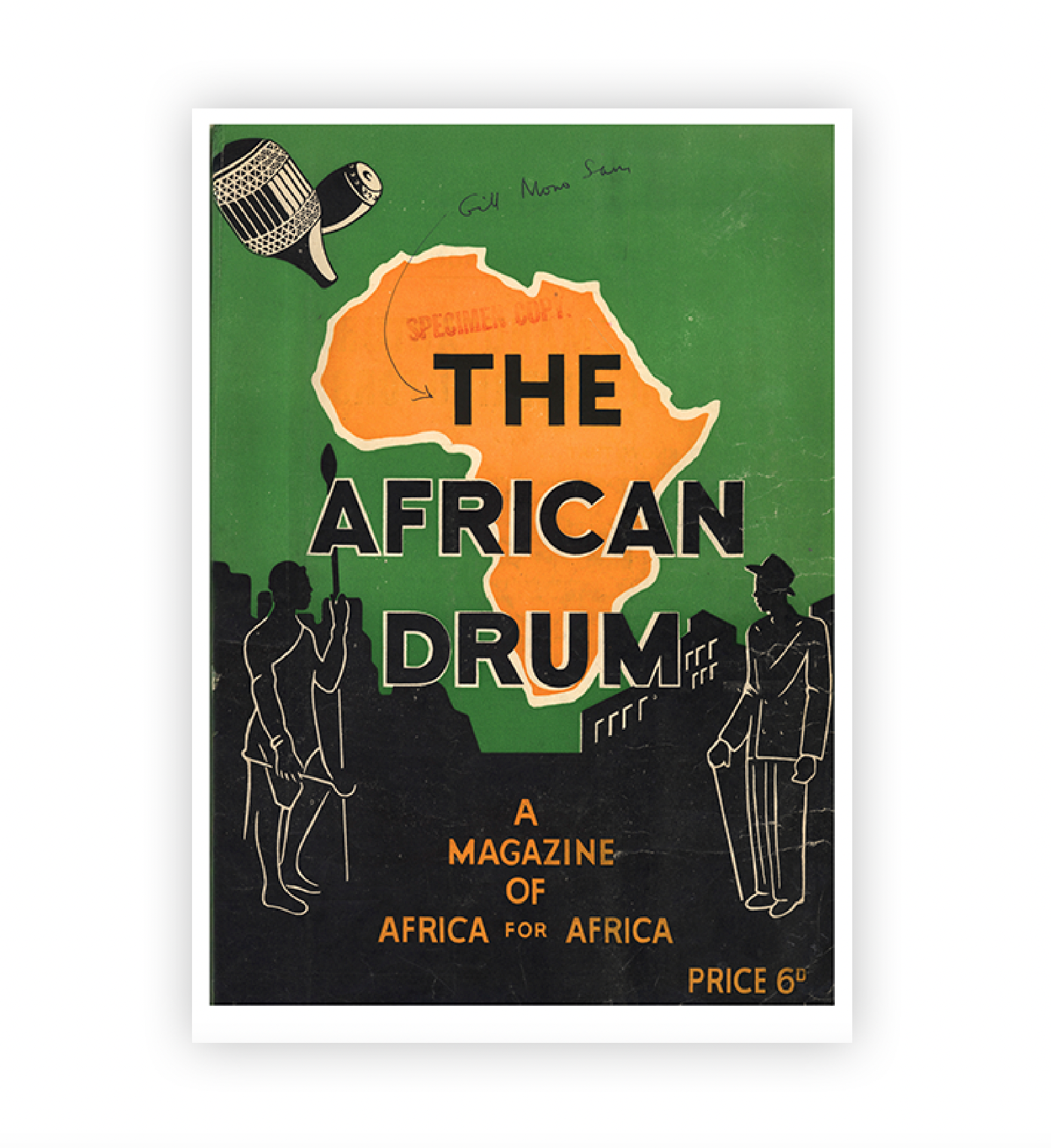 Cover of 'The African Drum' magazine with a map of Africa and silhouettes of people on a green background.