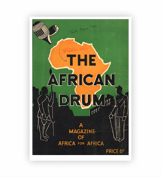Cover of 'The African Drum' magazine with a map of Africa and silhouettes of people on a green background.