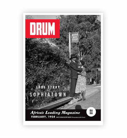 Drum Magazine cover with a couple by a Sophiatown bus stop sign
