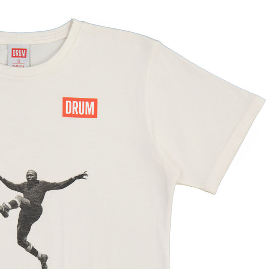 White t-shirt with 'DRUM' logo and black and white graphic of a person on a white background