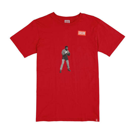 Red t-shirt with a graphic of Nelson mandela and 'DRUM' logo on a red background