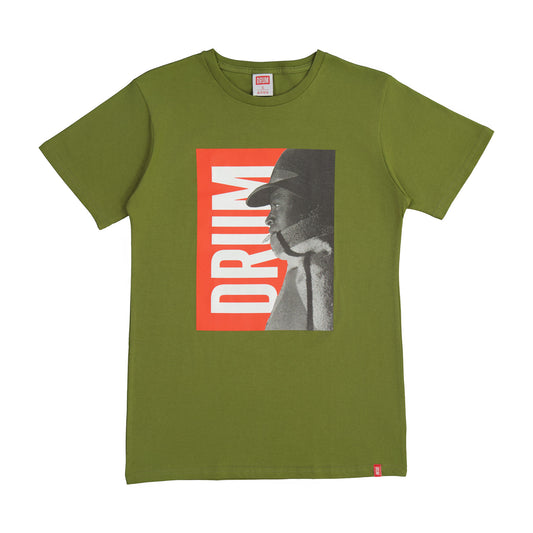 Green t-shirt with graphic design and 'DRUM' text on a white background