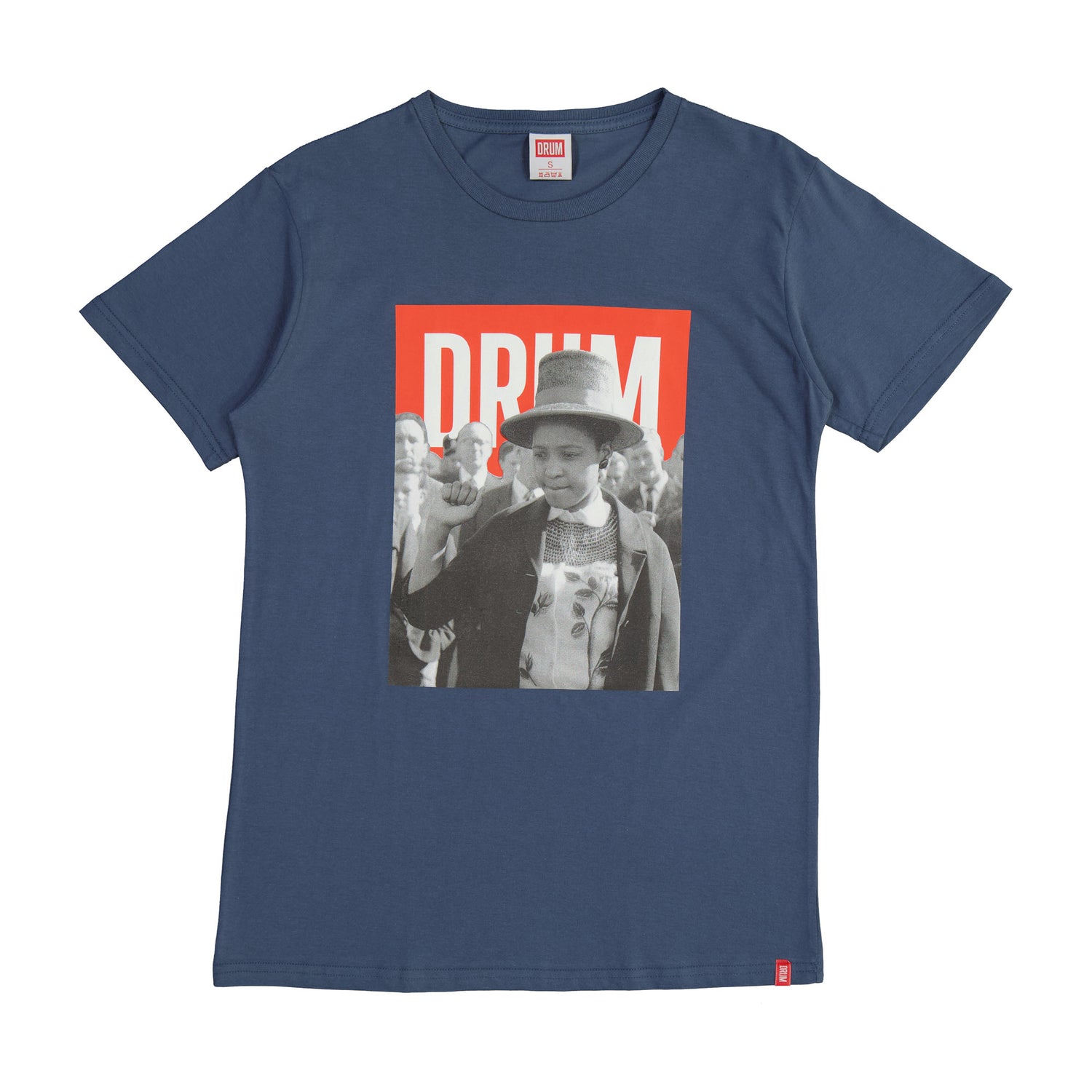 Blue t-shirt with a graphic of Winnie mandela and 'DRUM' text on a white background