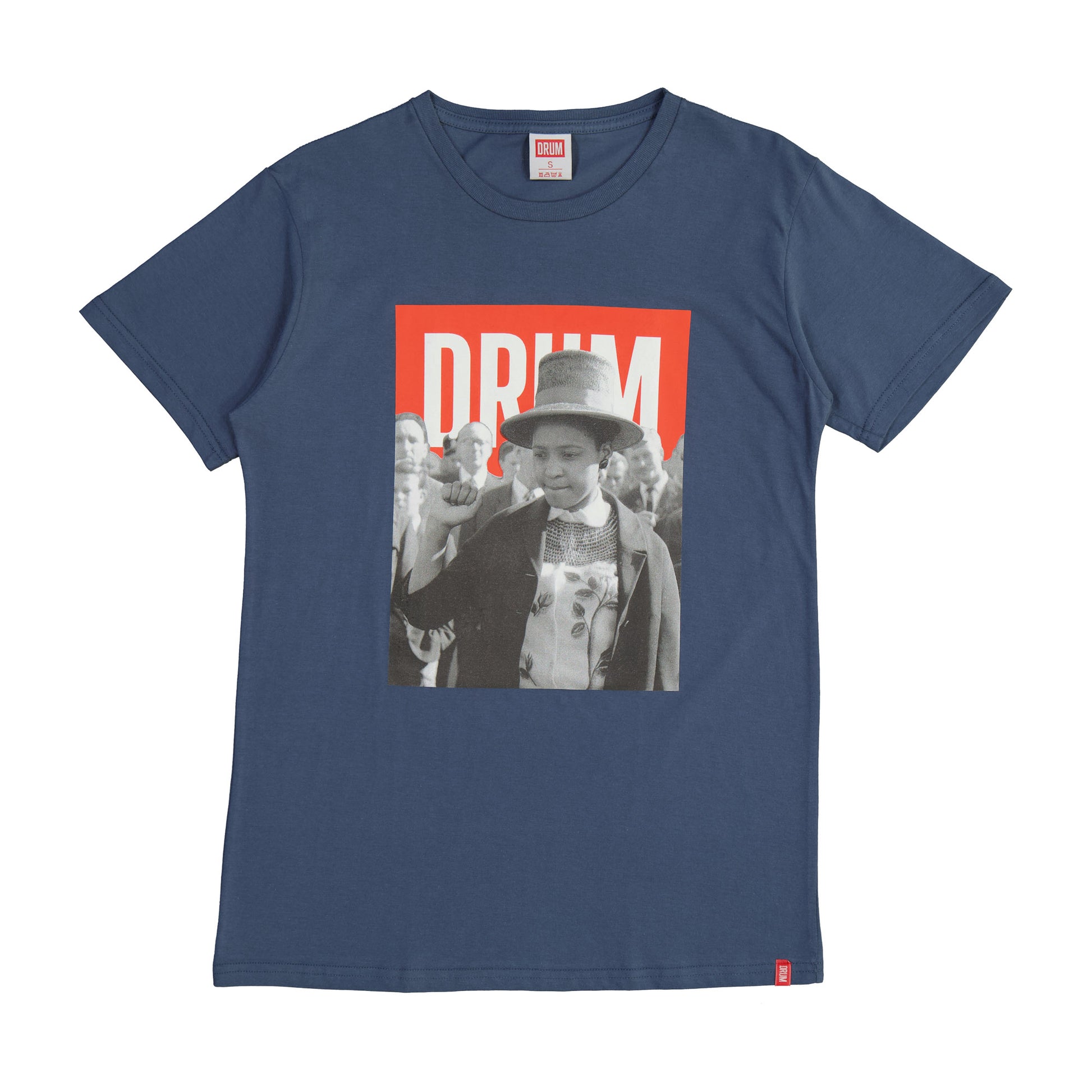 Blue t-shirt with a graphic of Winnie mandela and 'DRUM' text on a white background