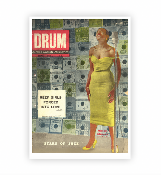 Vintage magazine cover with Miriam Makeba in a yellow dress against a patterned background