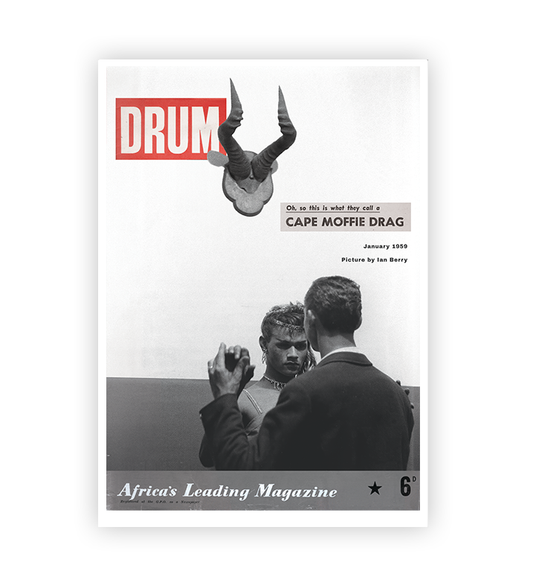 Magazine cover with a black and white photo of two [people and a red 'DRUM' logo.